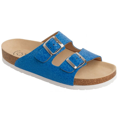 Weeger Damen Herren Pantolette blau leopard - Leder & Korkfußbett - 41110-35