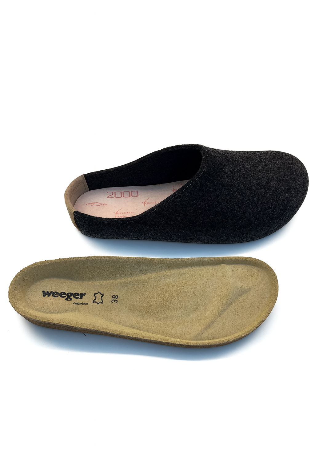 Weeger Damen Herren Filz Hausschuhe mit Wechselfußbett - Leder & Korkfußbett - 48100